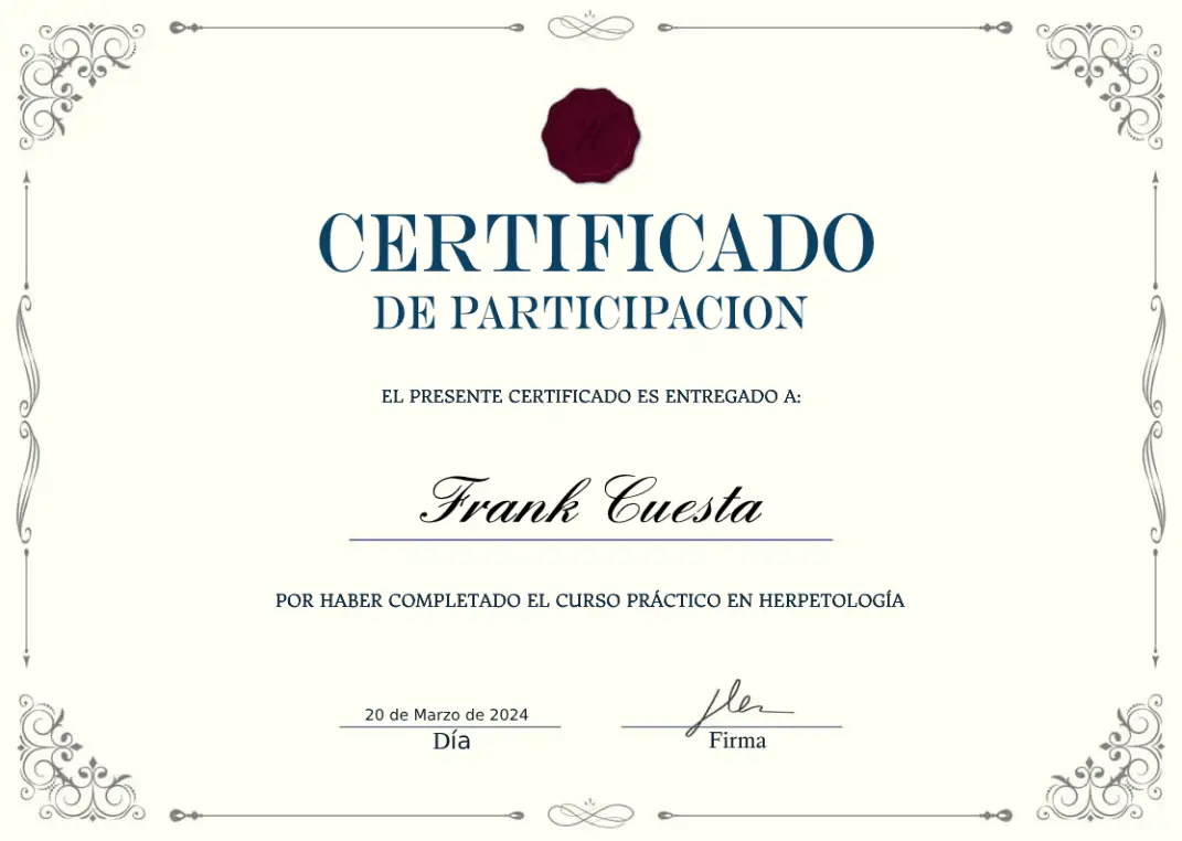 Certificado de asistencia al curso de Herpetología práctica con Frank Cuesta